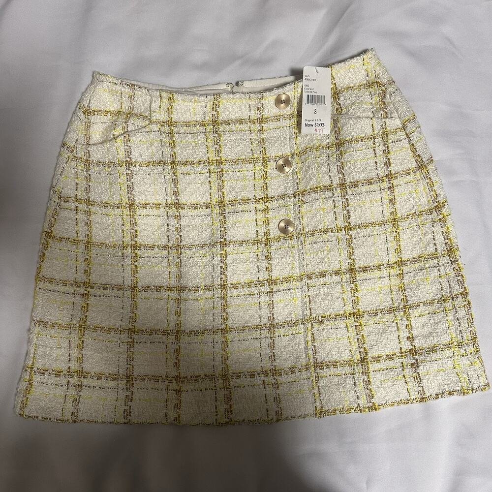 Cabi coco tailored plaid yellow white skirt size 8 # 6362 NWT